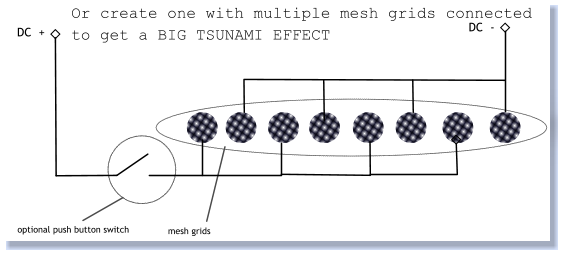 DC  + DC  - optional push button switch mesh grids Or create one with multiple mesh grids connected  to get a BIG TSUNAMI EFFECT